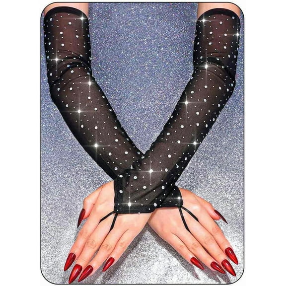 Sparkly Rhinestone Long Mesh Gloves Fingerless Elbow Length Arm Sleeves Prom Costume Glove for Women