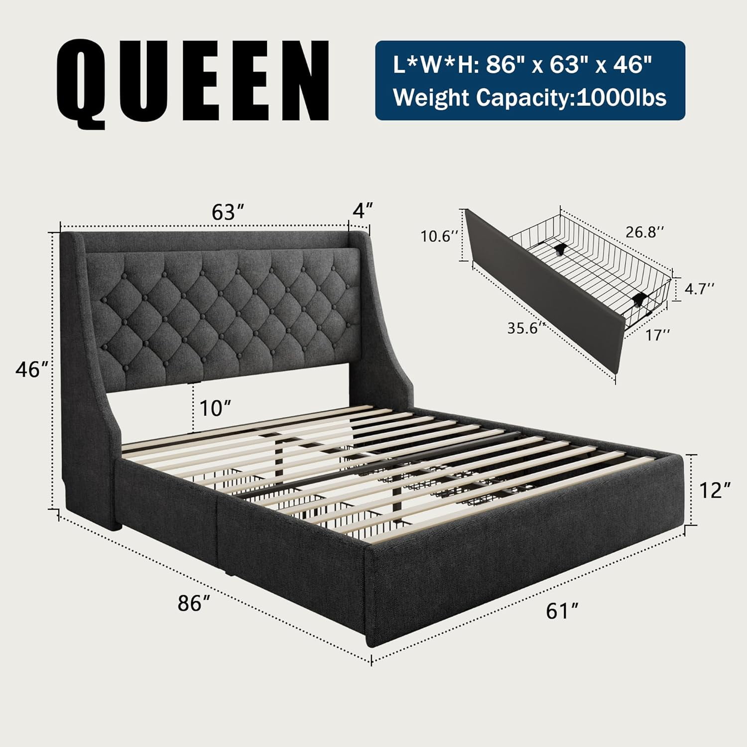 Galnfu Queen Bed Frame with 4 Storage Drawers, Giant Upholstered Wingback Headboard, Fast Charging Station, No Box Spring Needed, Noise-Free,Dark Gray