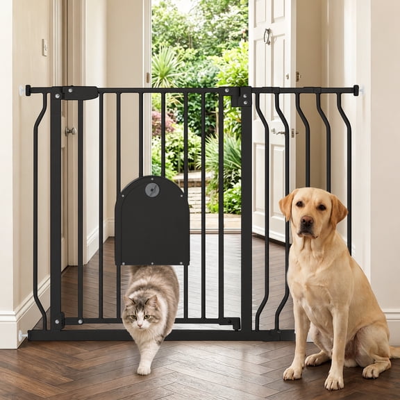 Pet Gate, 29.5''-43.7'' Dog Gates with Cat Door for Stairs & Doorways, Gate for Ages 6 to 36 Months, Black