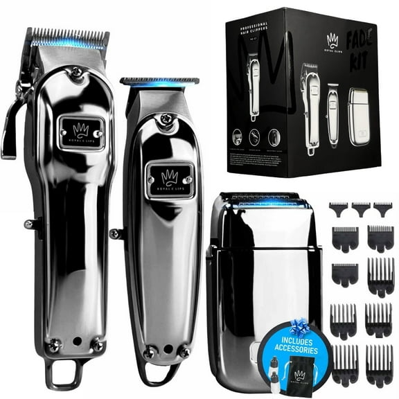 Royal Clips Hair and Beard Fade Kit 1.0 – Professional Clipper, Trimmer & Foil Shaver Bundle for Men, Complete Haircut Set for Home Use & Grooming – 5-Hour Battery, 10pcs Limit Combs