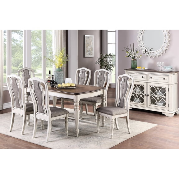 7pc Dining , Transitional Style Table With Oak And 6 Cushion Seat Side Chairs, Gray Finish Rectangular Solid Wood Seats, Antique White