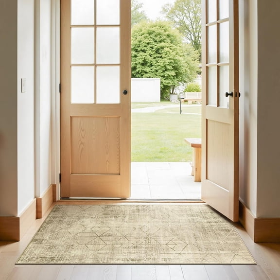 Moroccan for Entryway - Machine Washable Rug Modern Geometric Kitchen Soft Faux Wool Non-Slip Indoor Doormat Ultra-Thin Carpet for Entrance Bathroom Bedroom Living Room