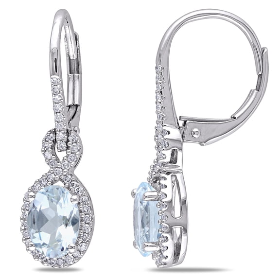 Everly Women's 1 1/2ct TGW Aquamarine and 1/4ct TW Diamond 10k White Gold Halo Leverback Earrings