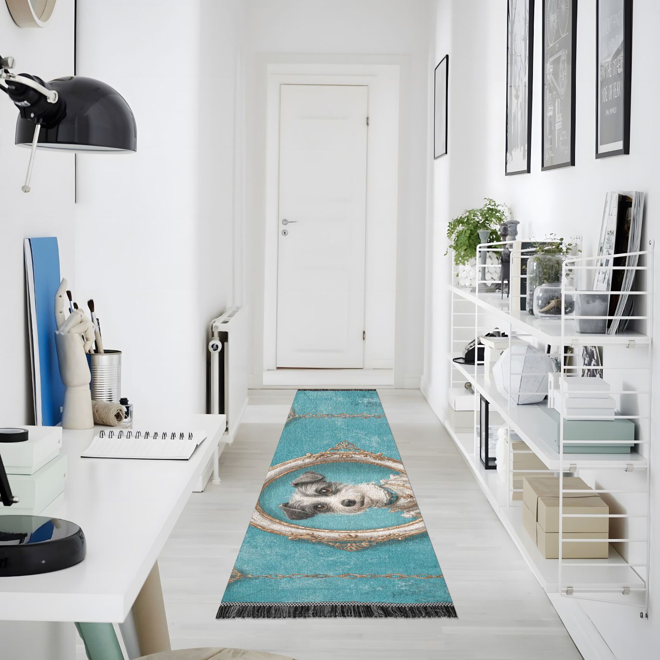 Bedroom Hallway Indoor Outdoor Mat With Rubber Backing Runner Rug Long Portrait Frames and Gold Chains