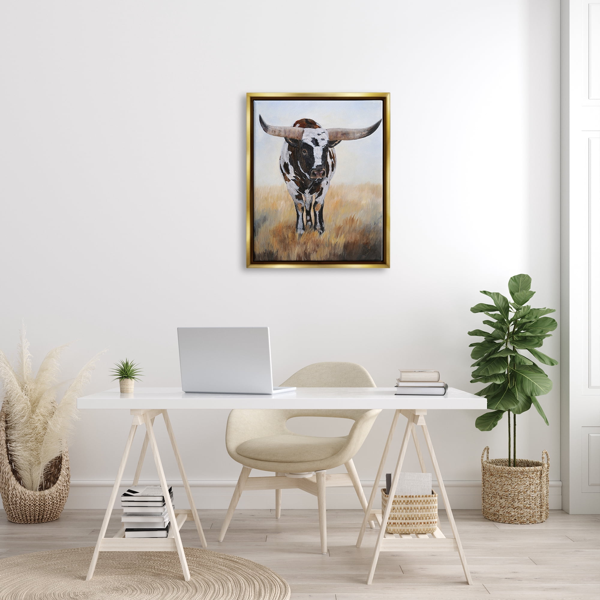 Stupell Spotted Longhorn Cattle Painting Animals & Insects Painting Gold Floater Framed Art Print Wall Art
