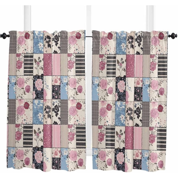 Pink Blue Spring Floral Kitchen Curtains 54 Inch Length, Farmhouse Curtains & Drapes, Vintage Botanical Flower Rod Pocket Window Curtains for Living Room/Bedroom, 42" x 54", 2 Panels