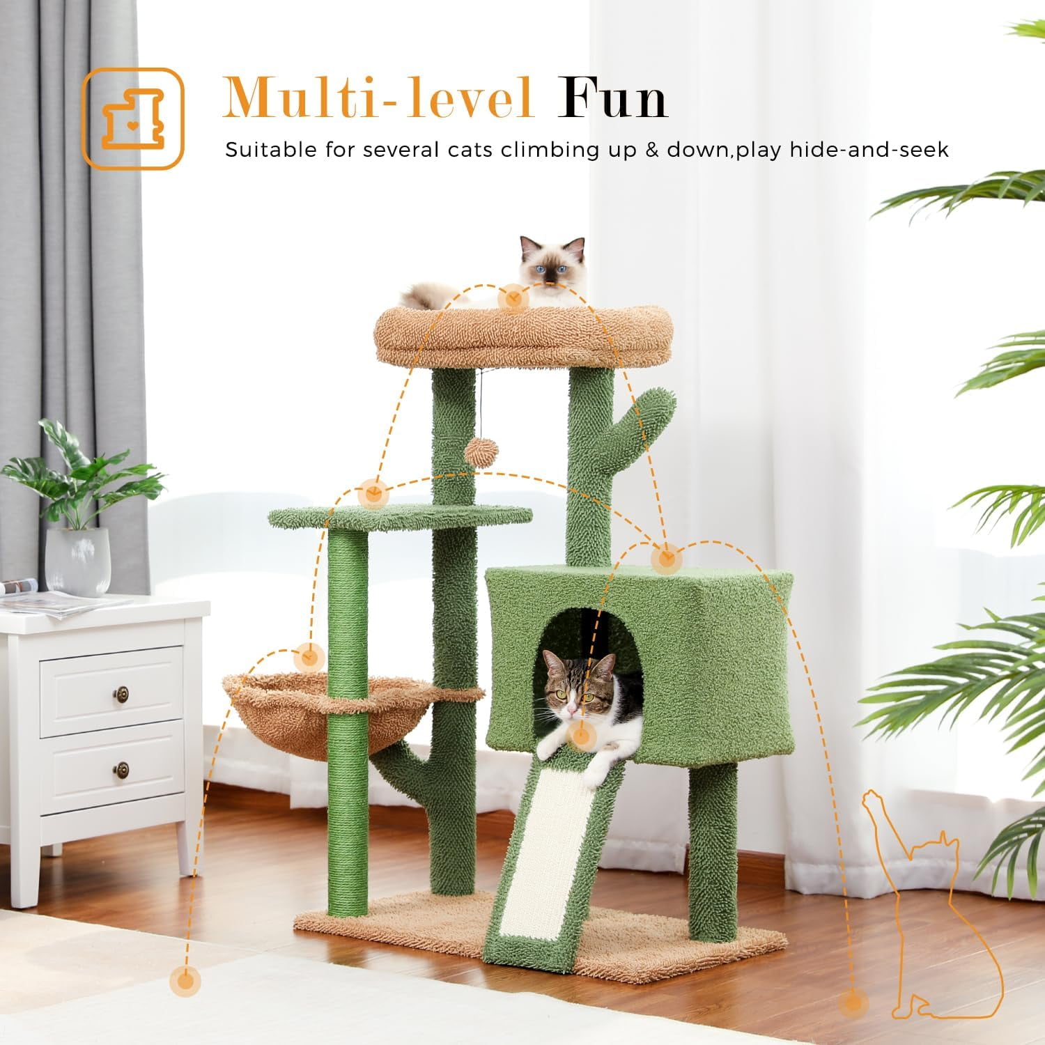 41" Tall Cactus Cat Tree Cat Tower with Sisal Scratching Post, Cozy Condo, Plush Perch & Soft Hammock - Ideal Indoor Cat Climbing Stand for Small and Medium Cats Green Brown