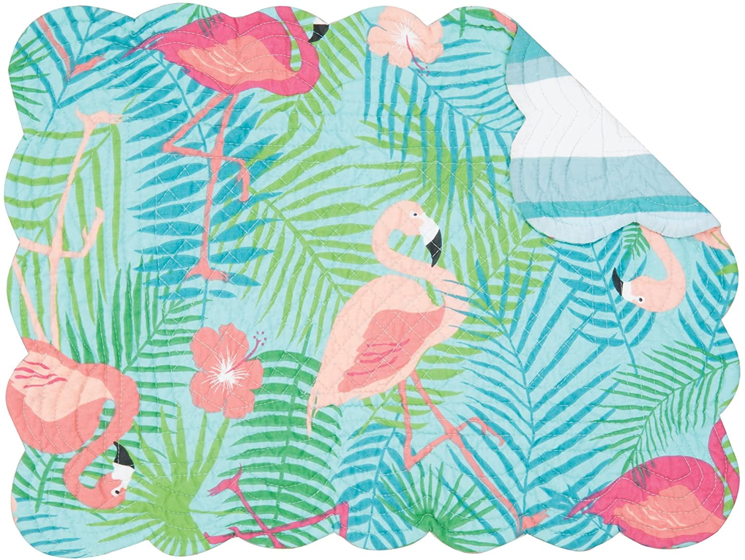 Flamingos Coastal Palm Fronds Quilted Reversible Isla Tropics Placemat by C&F 