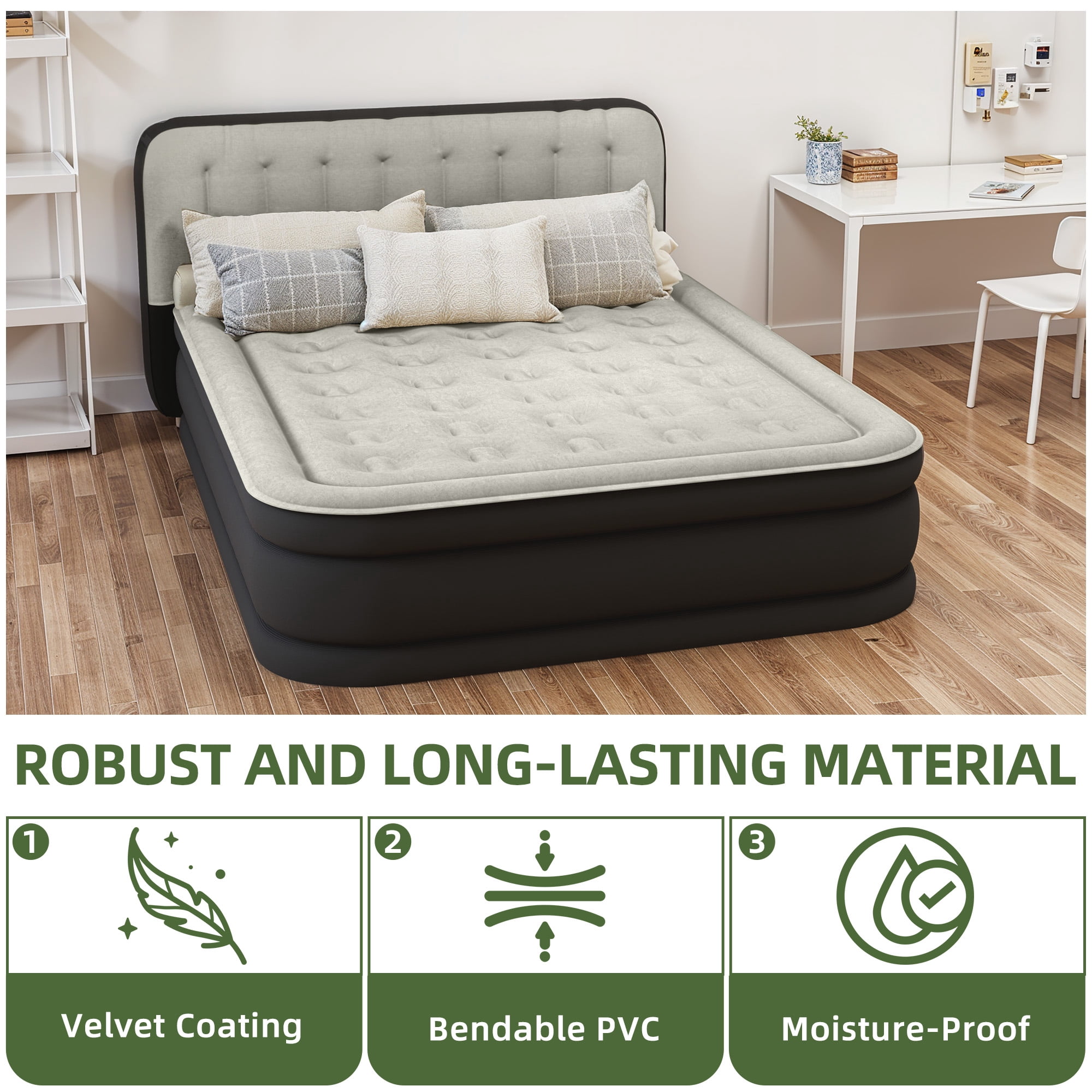 Uforic 18" Queen Air Mattress with Built-in Pump, Flocked Top Inflatable Bed with Banded Headboard for Home, Camping & Guests, Black