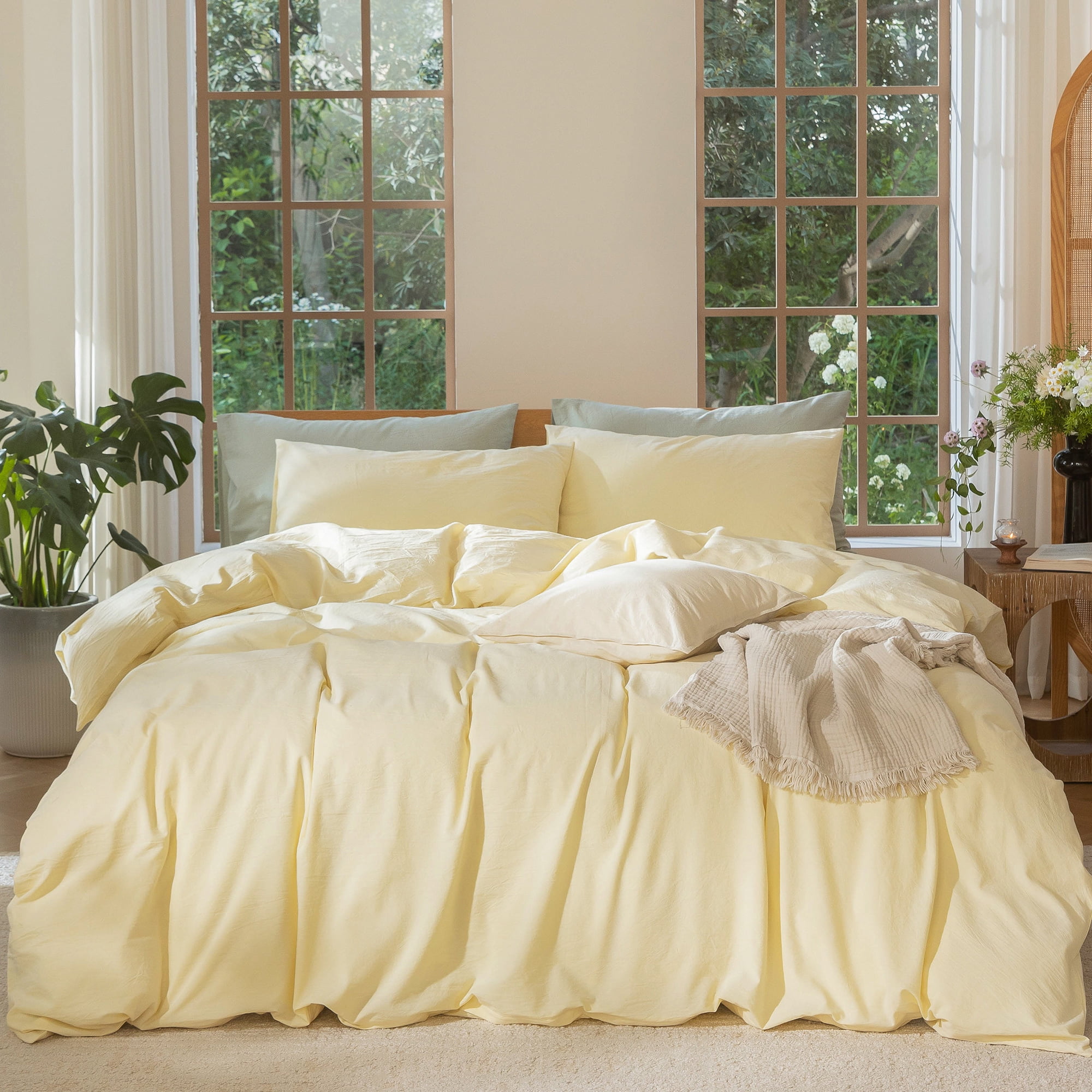 MooMee 100% Washed Cotton Duvet Cover Set Twin Linen Like Textured Breathable Lightweight 2-Piece (Butter Yellow, 68"x90")