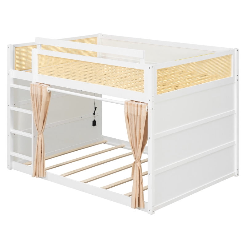 Full-Over-Full Bunk Bed with Bedside 3-Tier Storage Bookshelf, Teens/Kids Rattan Guardrail Bed Frame with Curtain & Light