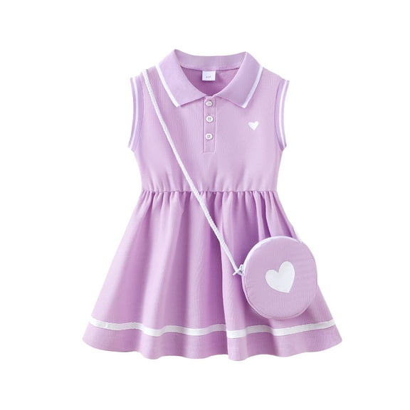 KIMI BEAR 4T Toddler Girls Dress 5T Toddler Girls Summer Clothes Sleeveless Polo Dress A-line Pleated One-piece Overalls with Bag 2pcs Purple