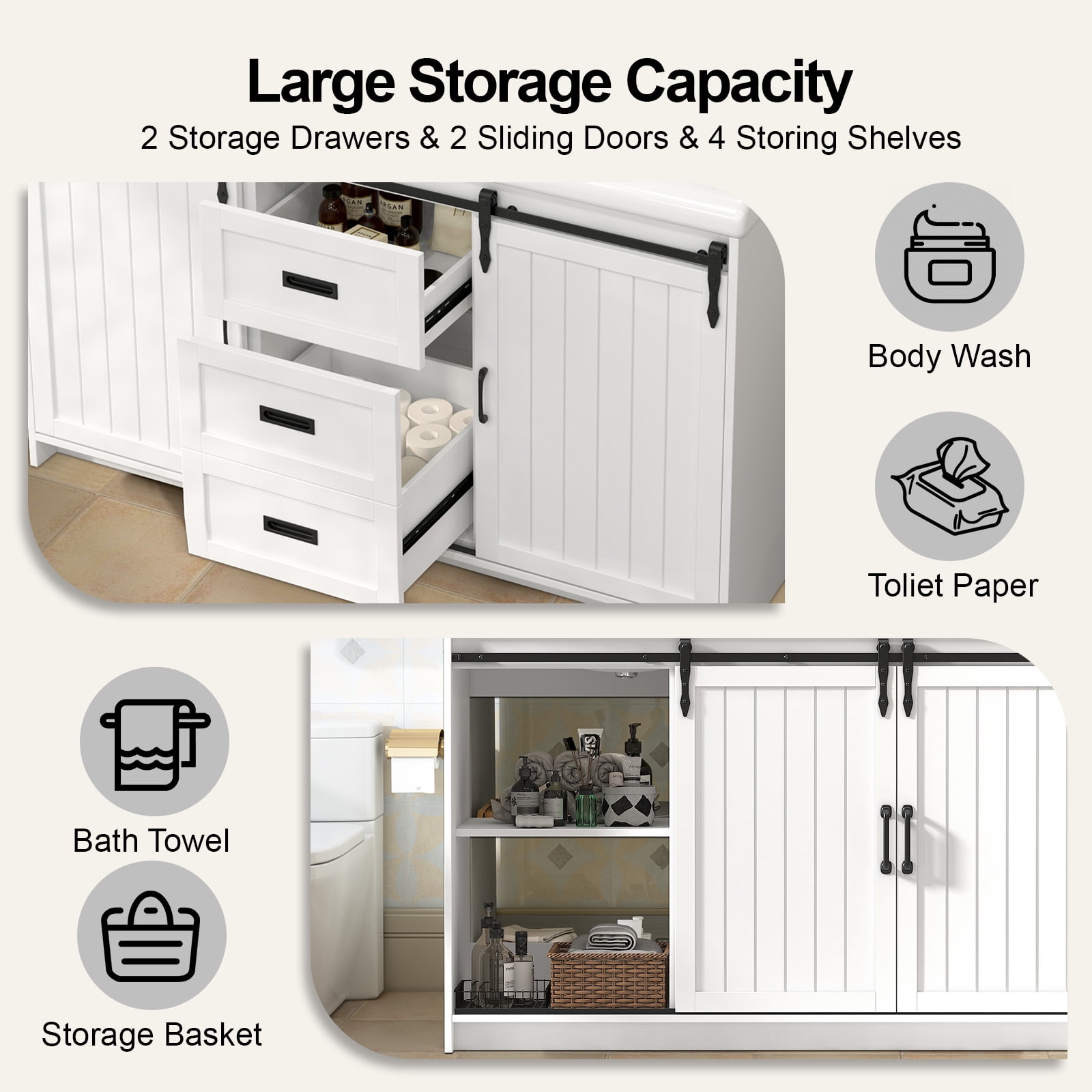 Jarbalai 47" Double Sink Farmhouse Bathroom Vanity with Sliding Barn Doors, White