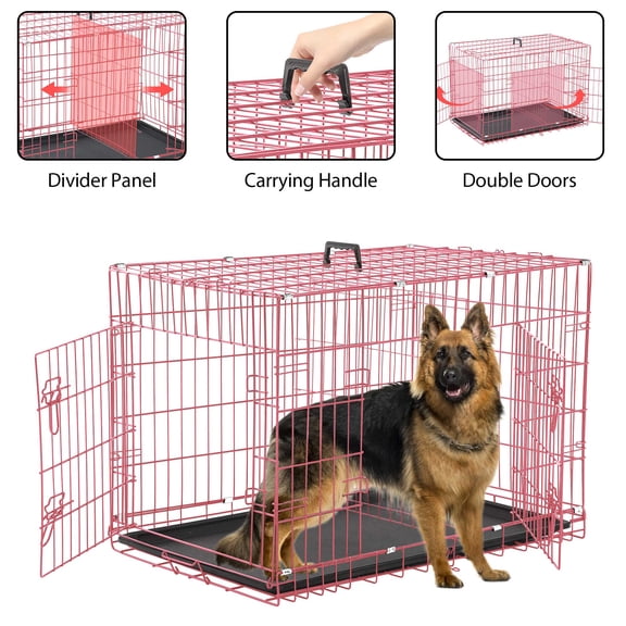 YRLLENSDAN 42 inch Dog Crate, Dog Crates and Kennels Foldable Large Dog Crate for Large Dogs with Handle Double-Door Outdoor Metal Wire Dog Cage with Plastic Tray for Medium Dogs, Pink