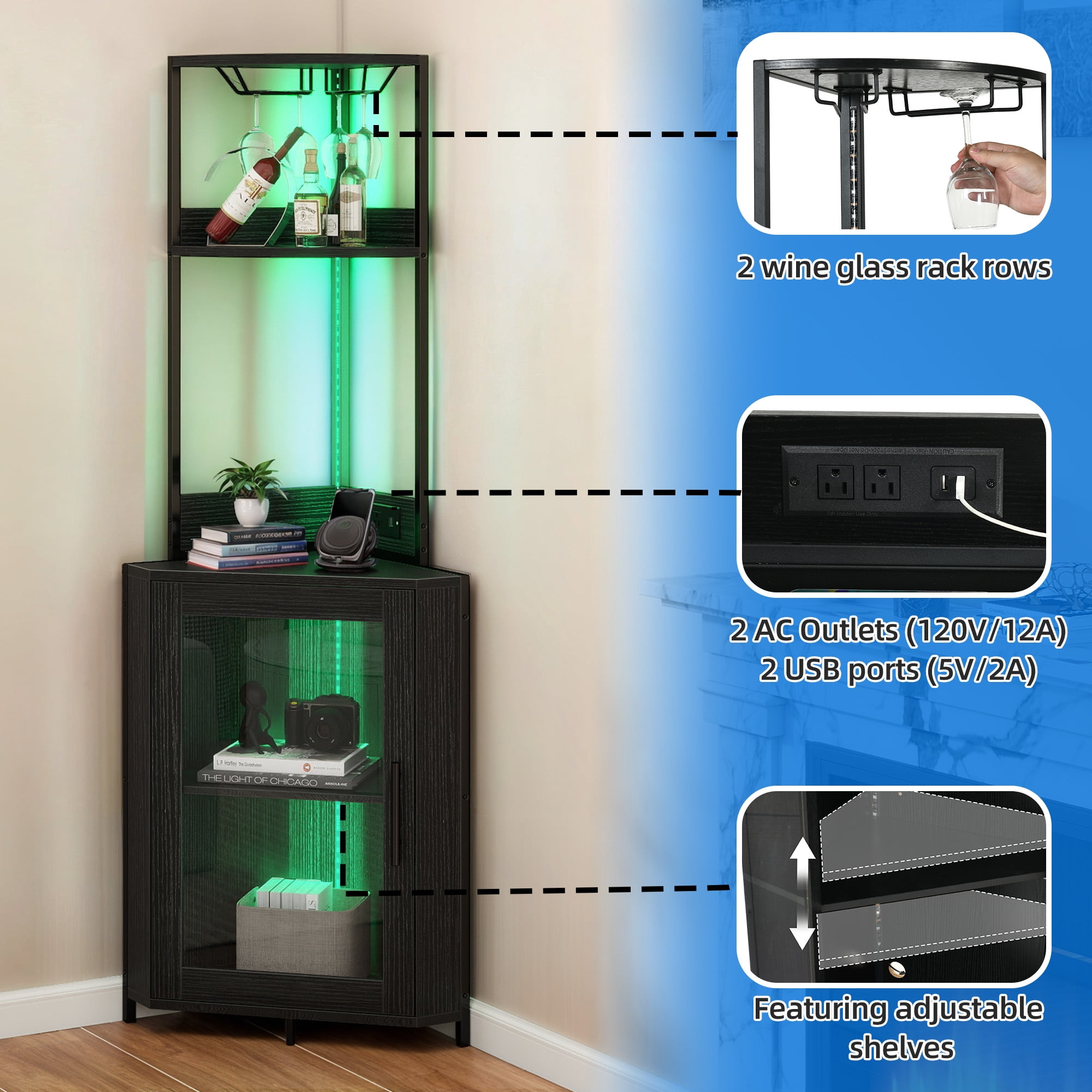 DEXTRUS Corner Bar Cabinet Modern 5 Tier, 1 Door, LED Light, Power Outlets, Glass Holder, 62 in