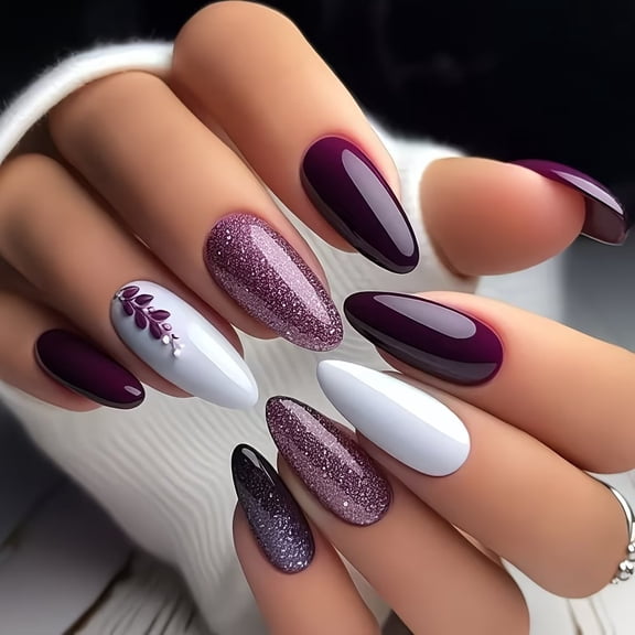 24 Pieces Glossy Drop-Shaped Press on Nails with Elegant Leaf Pattern - Stylish False Nails for Women and Girls