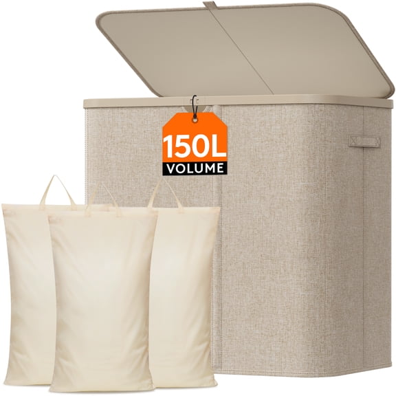Lifewit 150L 3 Section Laundry Hamper with Lid, Laundry Basket, Beige