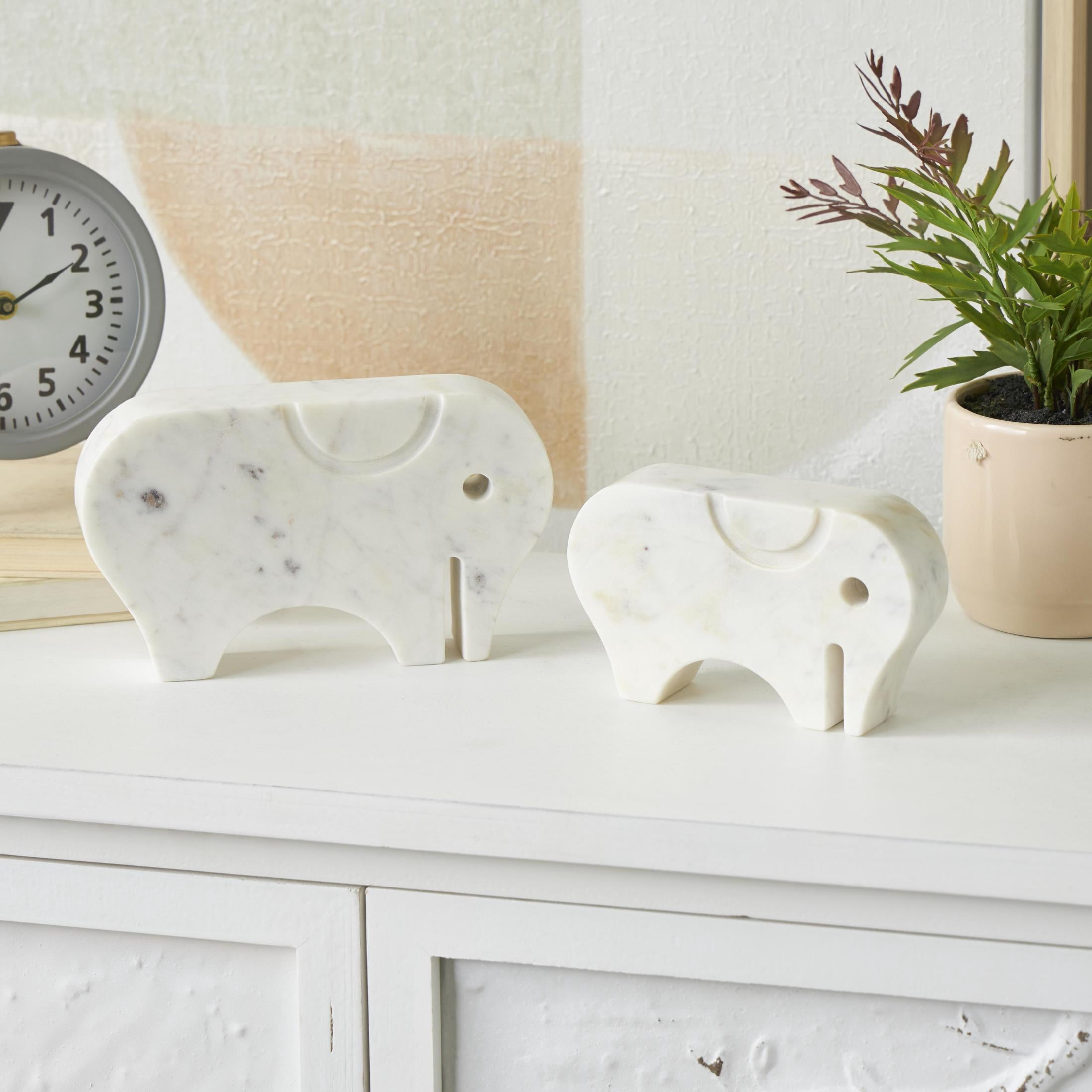 6", 5"H White Marble Rounded Abstract Elephant Sculpture with Gray Marble Veins and Cutouts, by DecMode (2 Count)