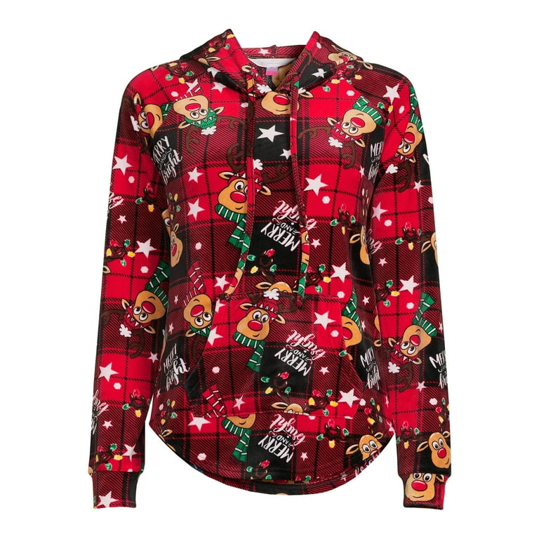 No Boundaries Women s Juniors Christmas Plush Pullover Hoodie Walmart