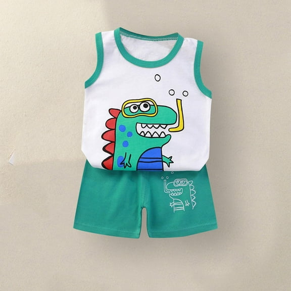 DAETIROS Dinosaur Outfit Sets for Boys-Comfy Cotton Cute Dino Tank Top and Shorts Boys Summer Clothes Green Size 3M-5