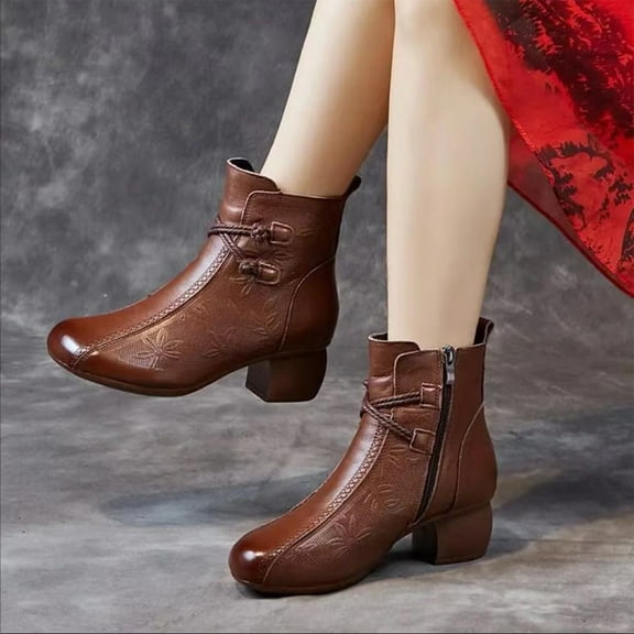 Axiiglly Boots for Women Low Heel Plush Short Boots Zip Up Antislip Ankle Boots Winter Warm Comfortable Boot Casual Printed Patchwork Outdoor Booties