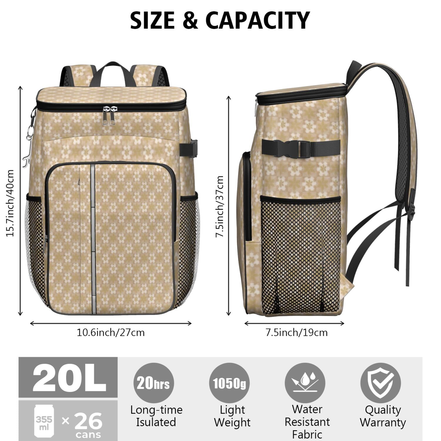 Travel Cooler Bag - Golden Christmas Pattern Camping Beer Cooler Backpack with Bottle Opener- Waterproof Insulated Picnic Backpacks - Cooler Bag for Beach