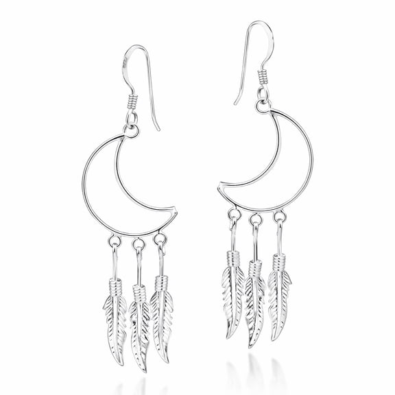 Crescent Moon Outline Chandelier Feathers Sterling Silver .925 Dangle Earrings