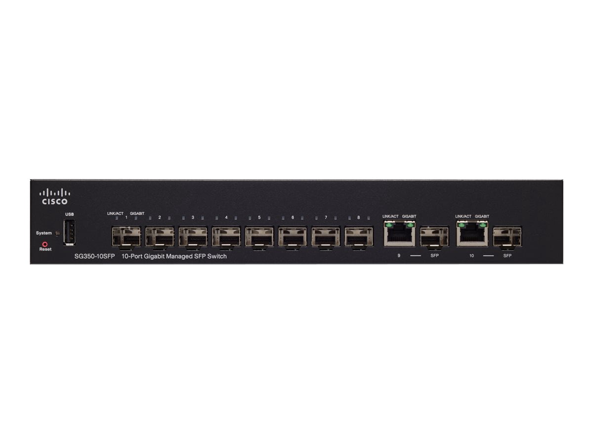 Cisco SG350-10SFP 10-Port Gigabit Managed SFP Switch - 10 x Gigabit Ethernet Expansion Slot - Manageable - Optical Fiber - Modular - 3 Layer Supported - Rack-mountable, Desktop - Lifetime Limited Warr