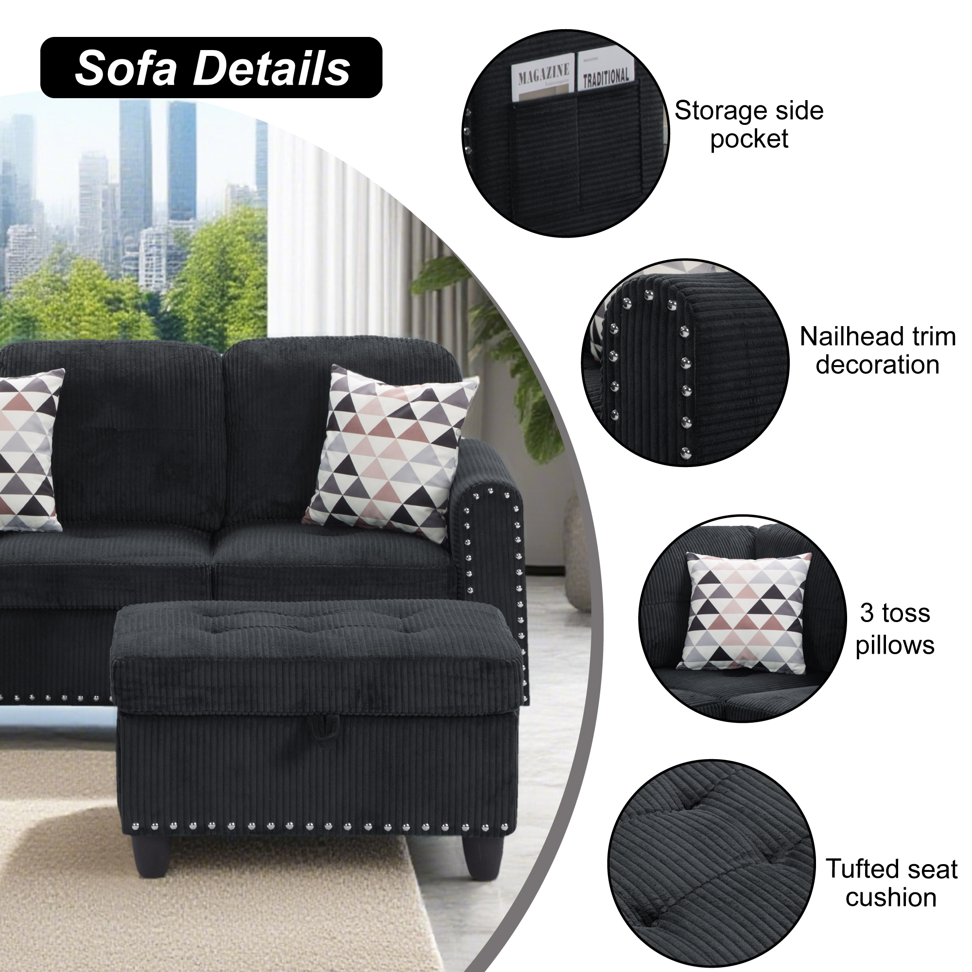 AENKYO 95″ L-Shaped Corduroy Modular Sectional Sofa with Ottoman & Cup Holders – Living Room Couch for Apartments，Black