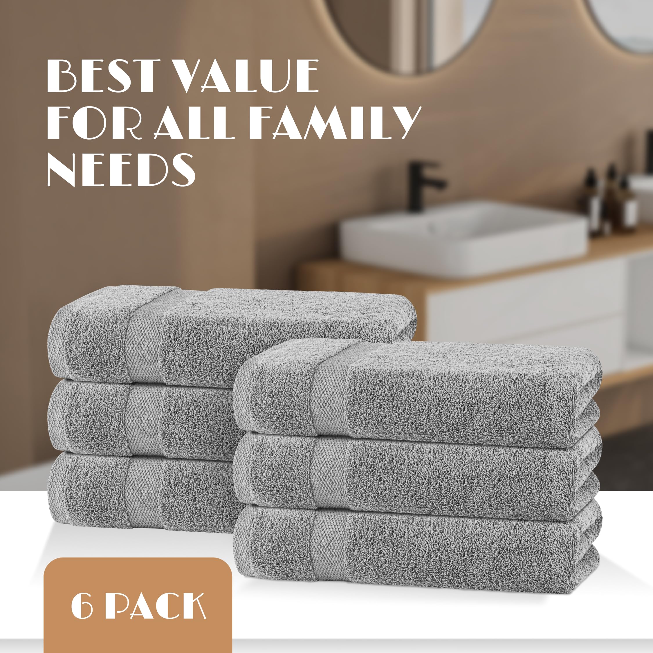 White Classic Wealuxe Light Gray Bath Towels 24x50 inch, Cotton Towel Set for Bathroom, Hotel, Gym, Spa, Soft Extra Absorbent Quick Dry 6 Pack