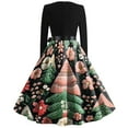 thumbnail image 4 of Christmas Dresses for Women Women's Christmas Printed Round Neck Big Hem Skirt Pleated Skirt Long Sleeved Dress with Christmas Tree and Snow House Print for Holiday Party,Army Green,L, 4 of 4