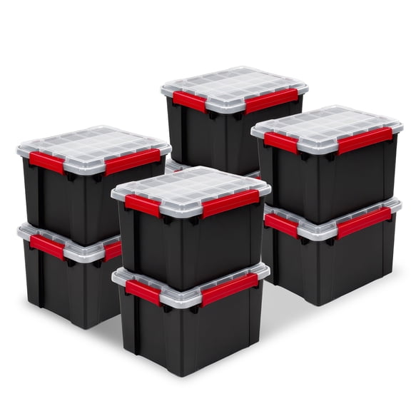 Sterilite 8.5 Gal Gasket Box, Stackable Plastic Storage Container with Lid, Black, 8 Pack