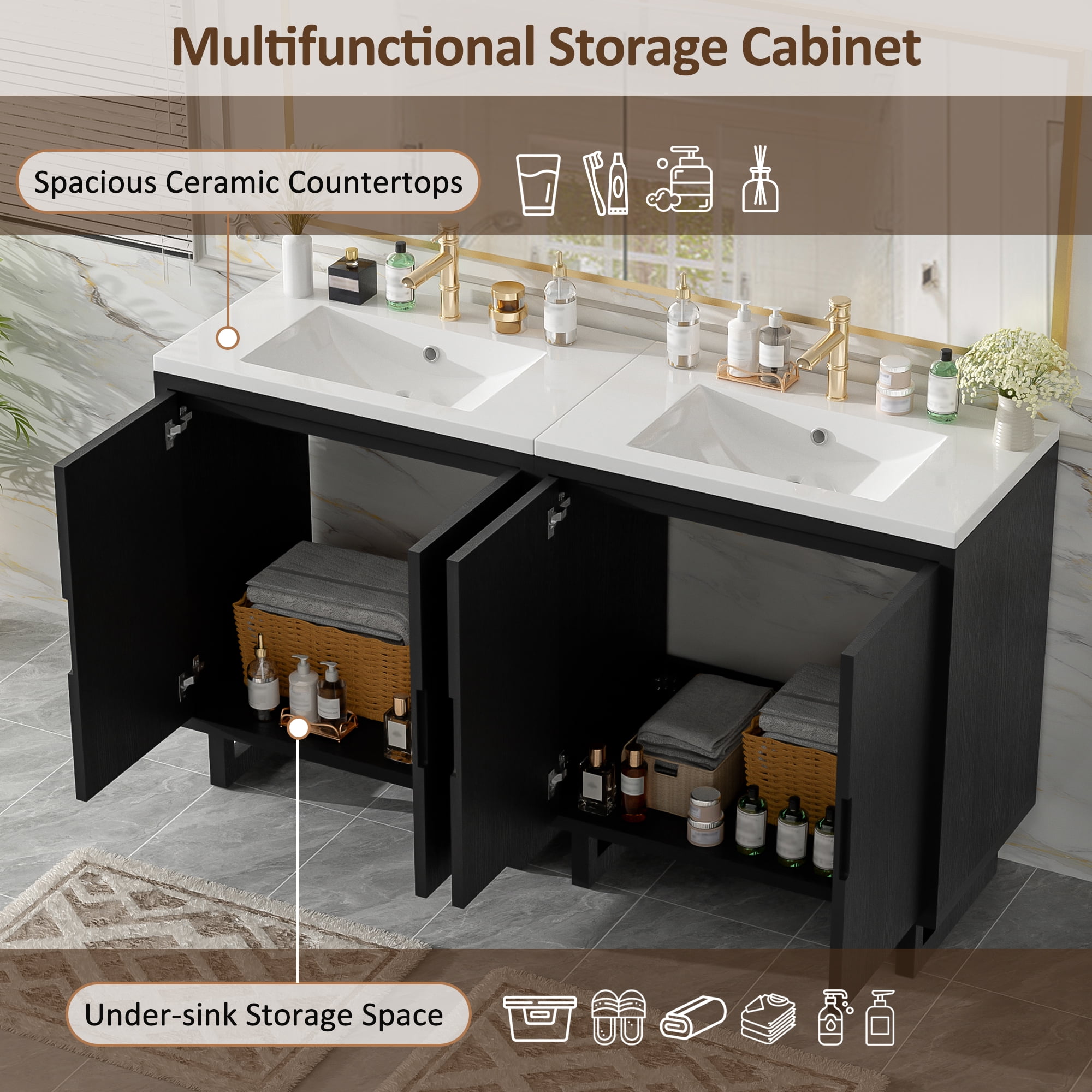 Euroco 60.2" Bathroom vanity Set with Sink, Combo Cabinet, Bathroom Storage Cabinet, Solid Wood Frame