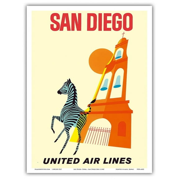 San Diego California - Zebra - San Diego Zoo - Balboa Park - United Air Lines - Vintage Airline Travel Poster c.1965 - Master Art Print (Unframed) 9in x 12in