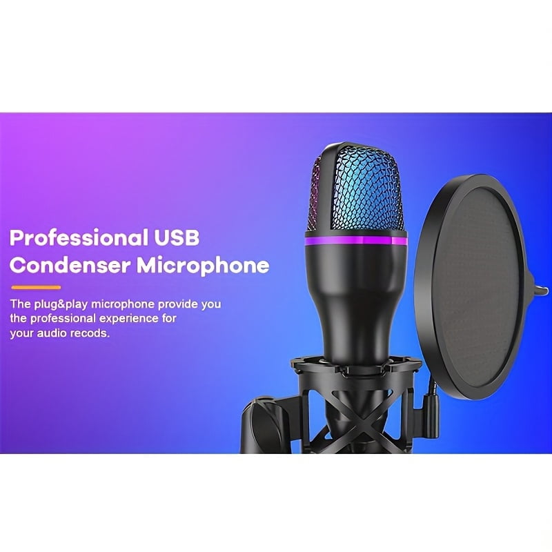 RGB Condenser Gaming Microphone Kit - PC USB Microphone with Tripod/Spray Cover | for Live Streaming/Podcasting/Ps5/Pc Gaming/Online Conferencing