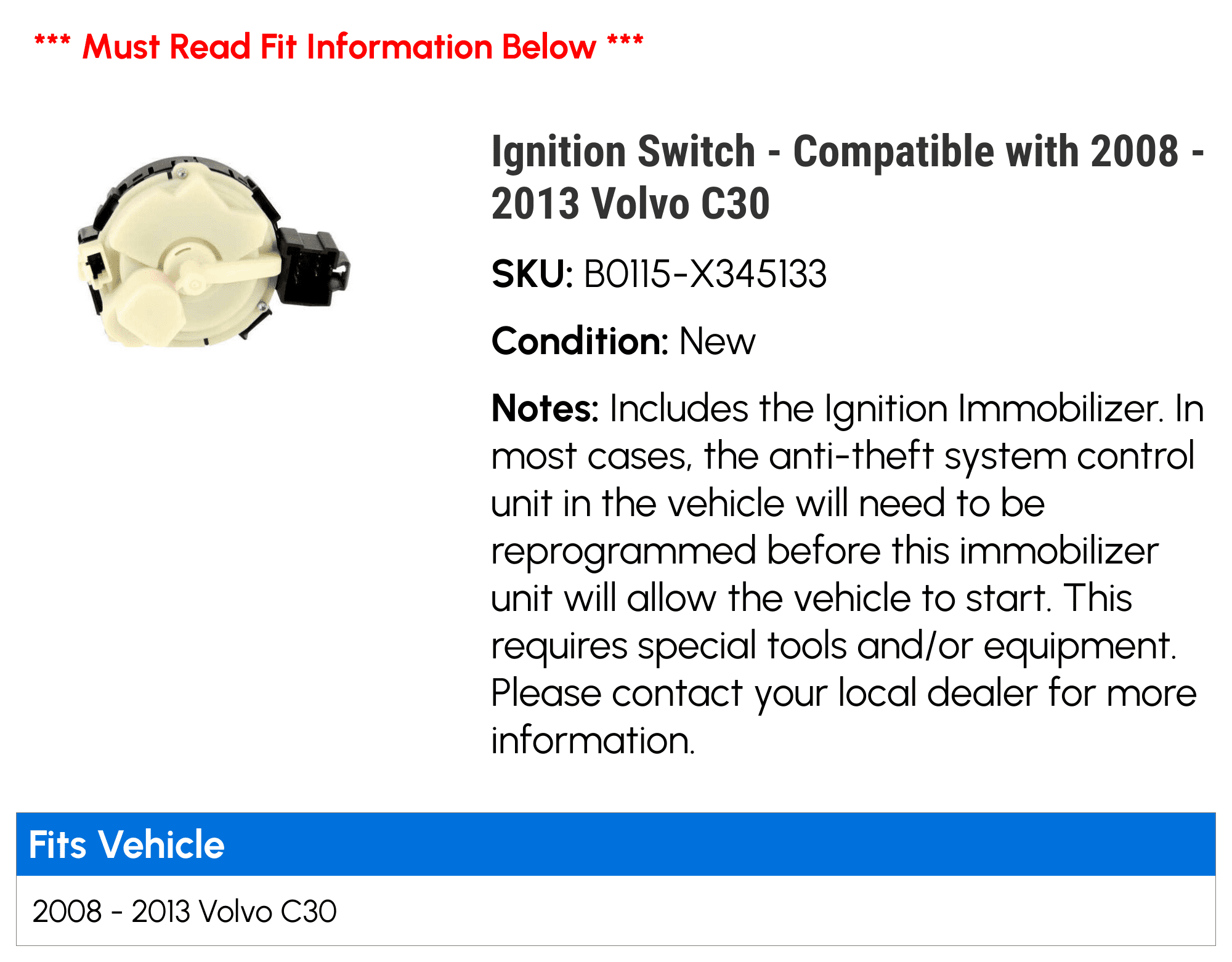 Ignition Switch - Compatible with 2008 - 2013 Volvo C30 2009 2010 2011 2012