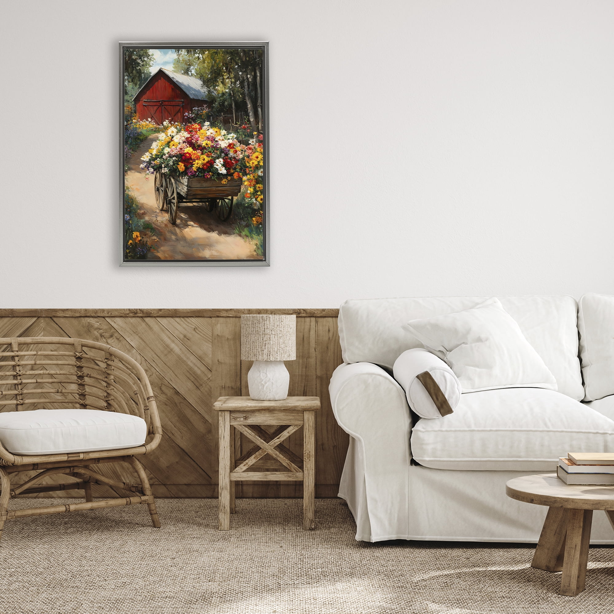 Stupell Industries Floral Wagon in Summer Garden Gray Framed Floater Canvas Wall Art, design by Franklyn Gregory