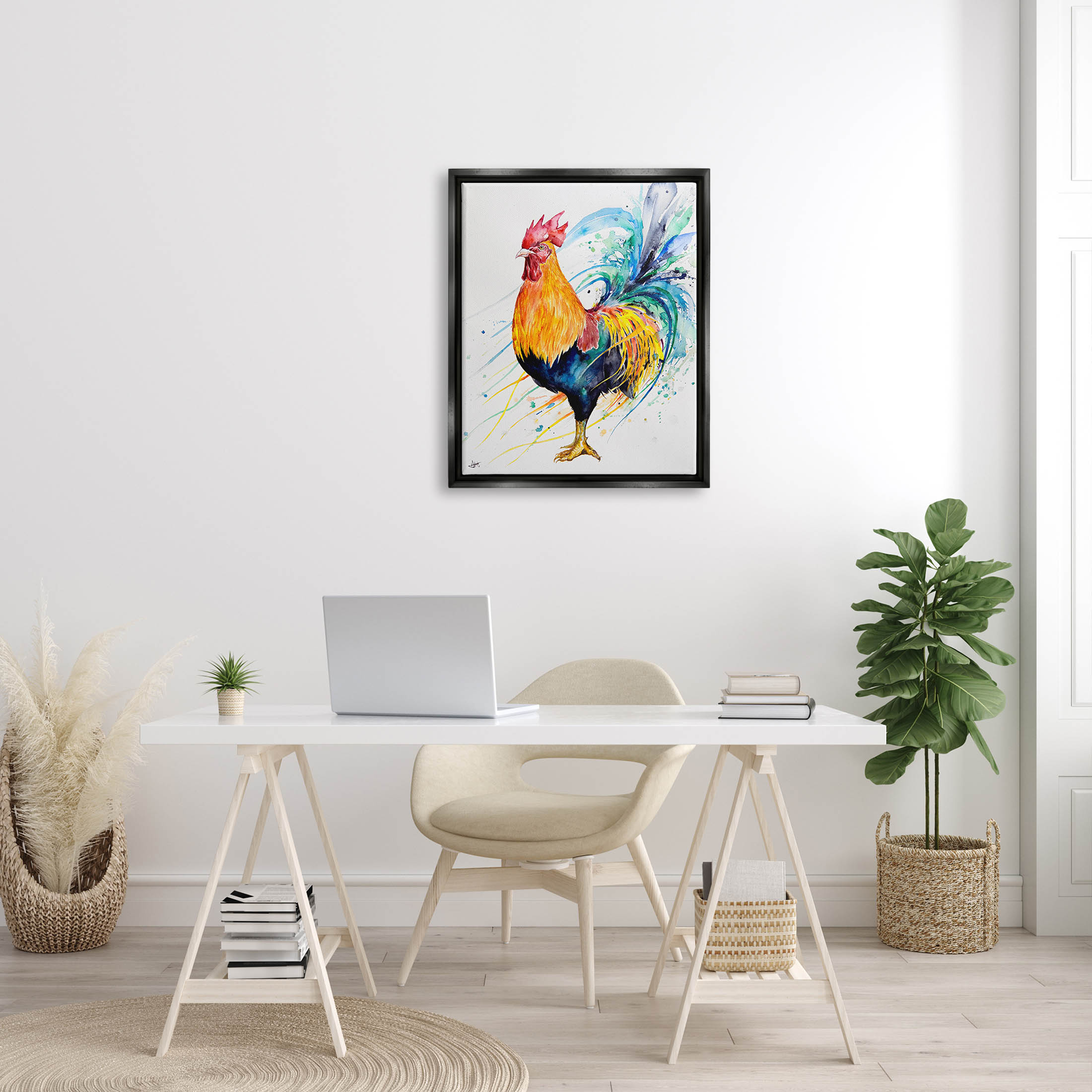 Modern Rooster Rainbow Splatter Animals & Insects Graphic Art Jet Black Framed Art Print Wall Art