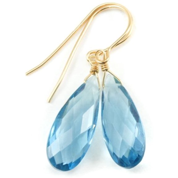 14k Gold Filled London Blue Earrings Faceted Long Simulated Topaz Teardrops Dangle Drops
