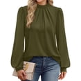 thumbnail image 3 of Camisas de Larga para Mujer, Blusas de Cuello Alto con Pliegues Delanteros, Ropa Informal Elegante para Otoño. Verde Oliva XL, 3 of 5