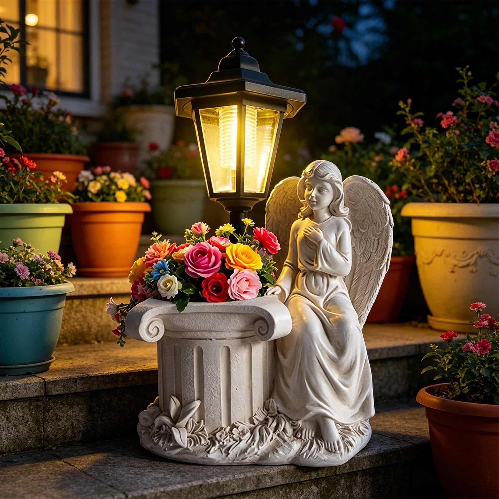 Angel Statue Solar Garden Light with Planter, Resin Outdoor Decorative Lantern, Weatherproof Sculpture Lamp for Patio, Yard, and Memorial Decor White