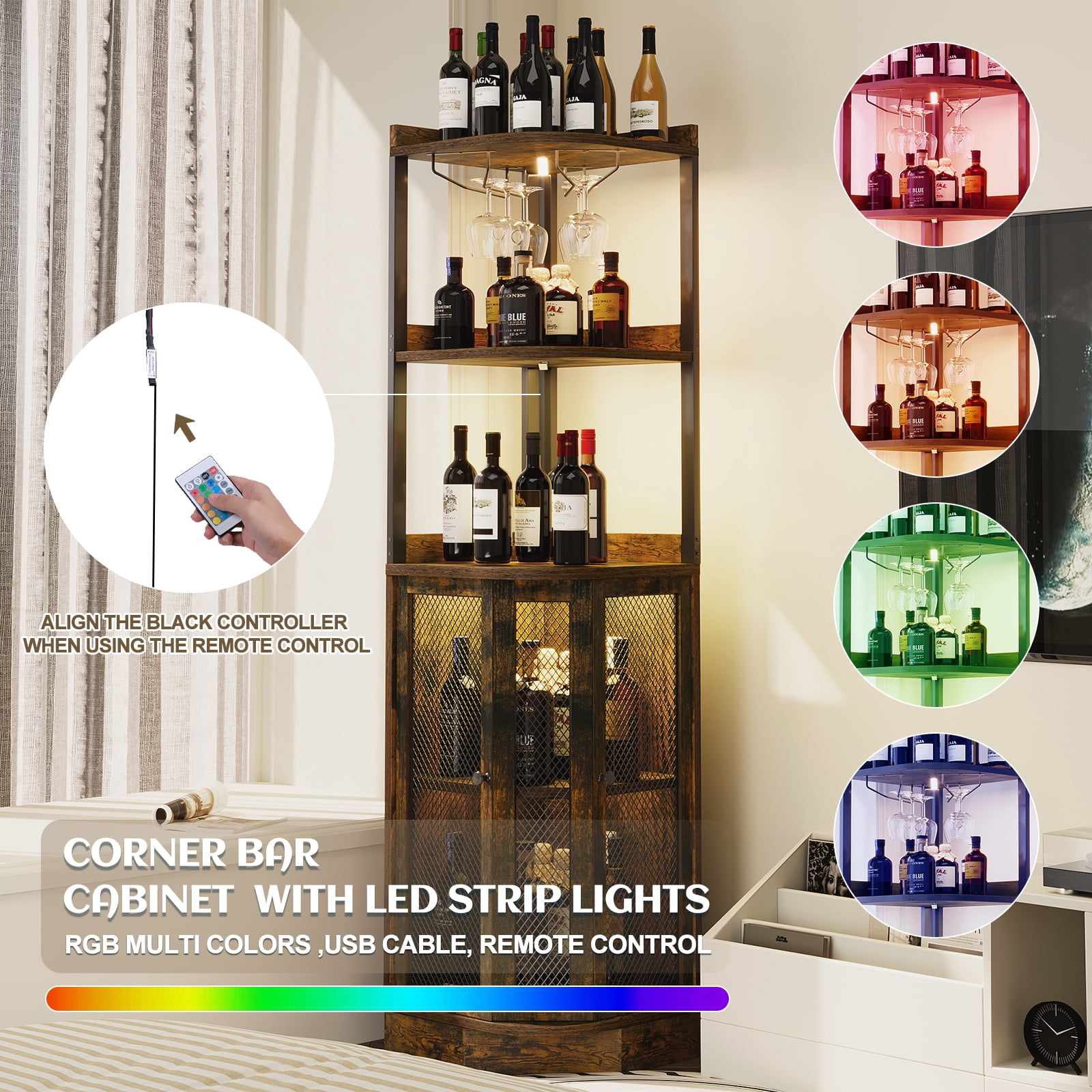 SNYNUXX Industrial Corner Bar Cabinet with LED Lights, Wine Glass Holder and Charging Station, Rustic Brown