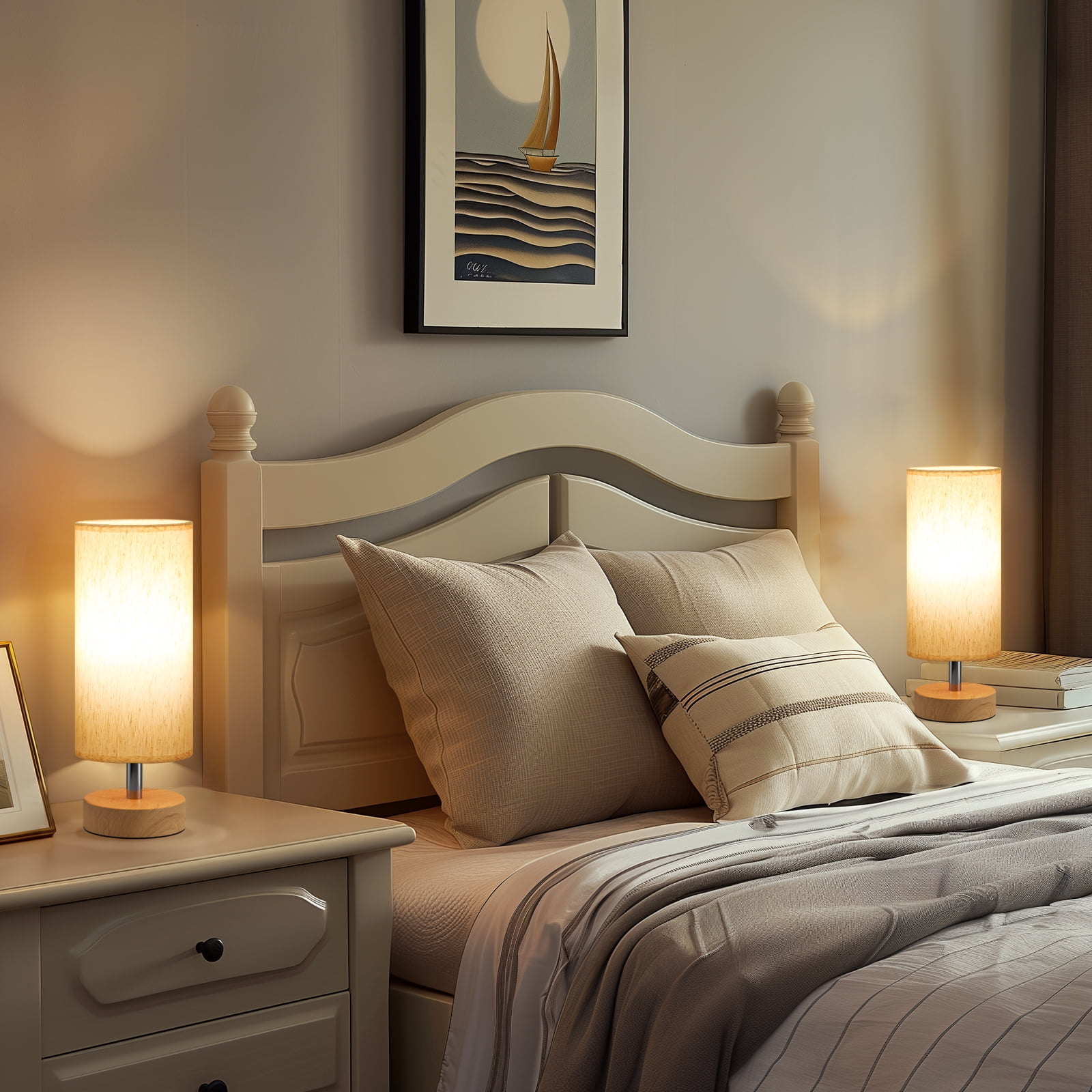 NiteLoom Bedside Table Lamp Set of 2, Cream Fabric Shade Minimalist Nightstand Light for Bedroom, Living Room, Dorm, Office