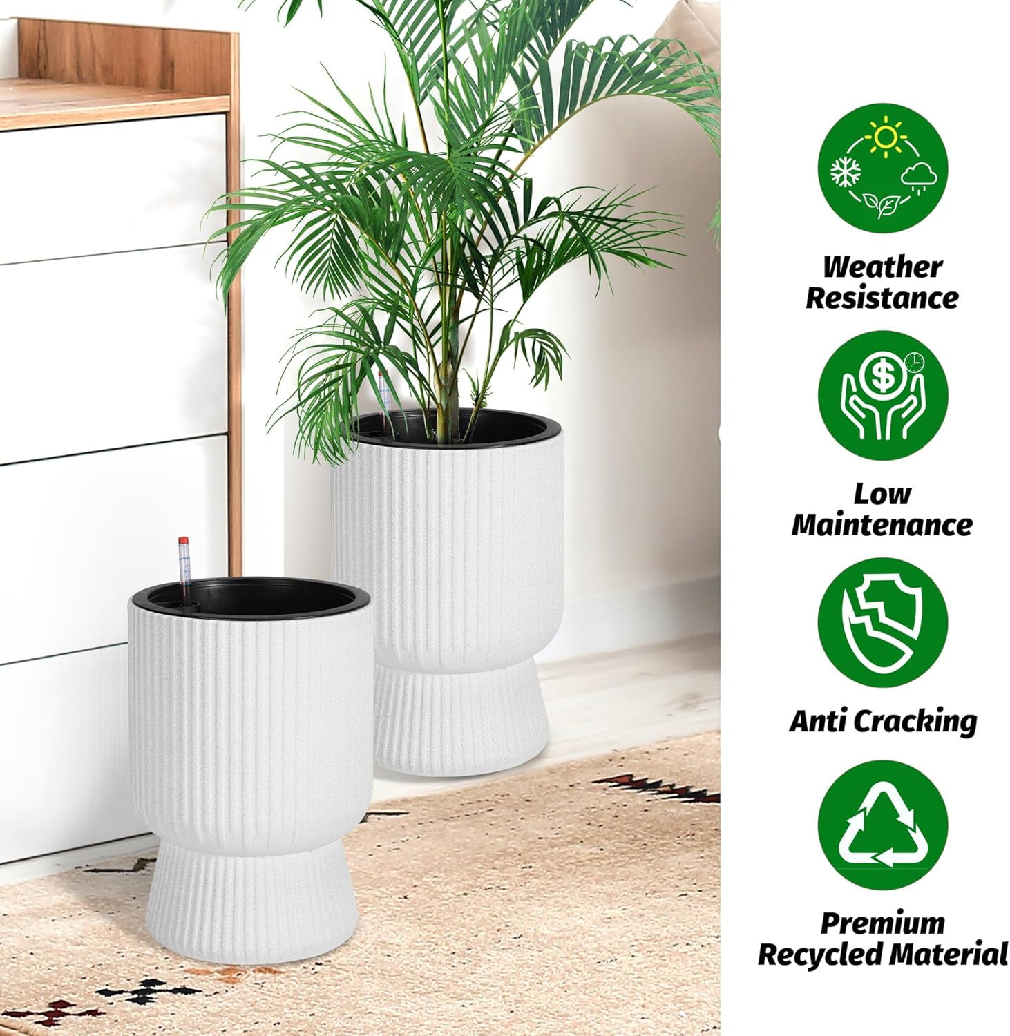 Riedhoff 14.2" Planters Pots Set of 2, with Inner Bucket & Water Level Monitor, Marble White