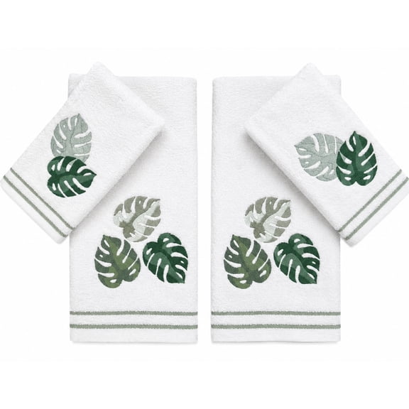 Serafina Home Tropical Palm Leaves Theme Bath Towels Set, 4 Pieces, Embroidered Monstera Leaves, 100% Cotton 2 Fingertip Towels & 2 Hand Towels