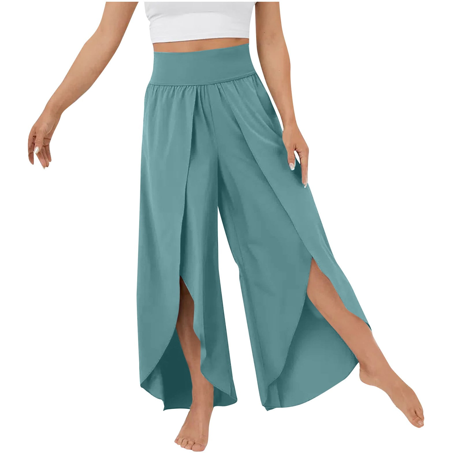 Mlqidk Women Flowy Split Wide Leg Pants High Waisted Yoga Pants Baggy