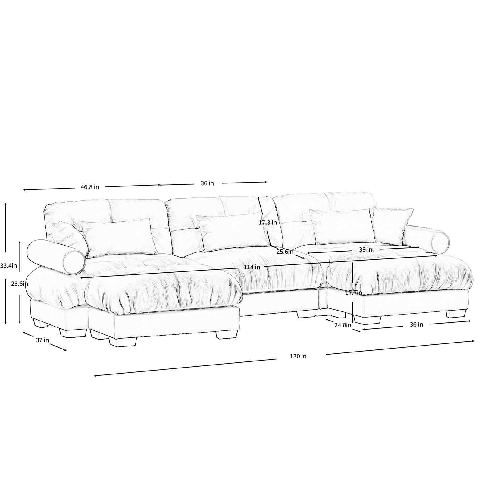 130"Oversized Couch, 3 Seater Modular Sectional Sofa, Blue Large U Shaped Sectional Couches for Living Room, Fluffy Couch Set, 3 Seater, Velvet Cloud Couch with Ottoman, Sofas for Living Room