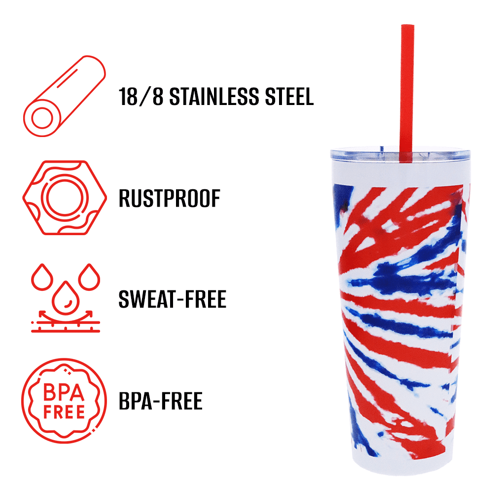 Silver Buffalo Patriotic Tye Dye Double Walled Stainless Steel Tumbler with Straw, 22 fl oz, 2-Pack