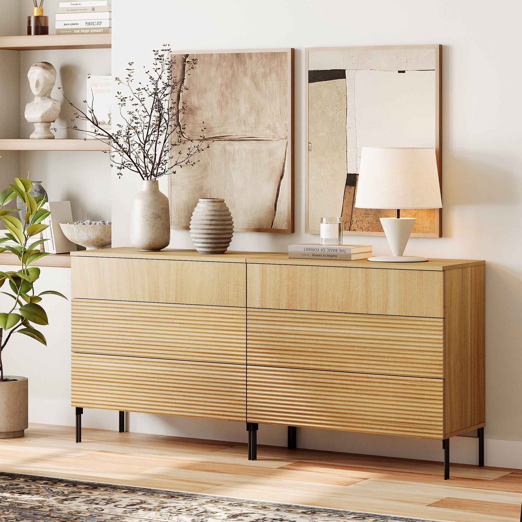 3 Drawer Reeded Dresser for Bedroom Set of 2, Minimalist Modern Chest of Drawers, Wood Storage 6 Drawer Dresser Organizer for Bedroom Living Room Hallway Closet