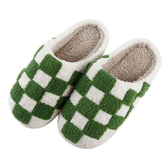 Deyuer 1 Pair Cozy Checkerboard Cotton Slippers Warm Soft Non-Slip Unisex Thickened Bottom Cotton Shoes Home Supply